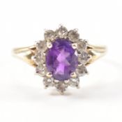 HALLMARKED 9CT GOLD & AMETHYST HALO RING