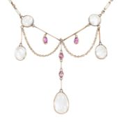 EDWARDIAN GOLD MOONSTONE & RUBY FESTOON COLLAR NECKLACE
