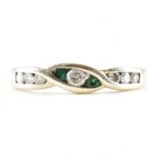 HALLMARKED 9CT WHITE GOLD DIAMOND & EMERALD CROSSOVER RING