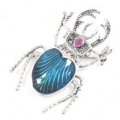 SILVER RUBY MARCASITE & GUILLOCHE ENAMEL BEETLE BROOCH PIN