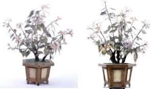 PAIR OF LARGE CHINESE JADE AND STONE BONSAI TREES