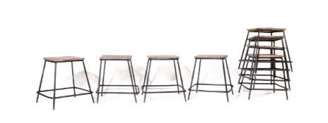 EIGHT RETRO VINTAGE METAL & WOOD REFECTORY BAR SIDE STOOLS
