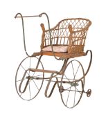 19TH CENTURY VICTORIAN WICKER AND STEEL DOLLS PRAM