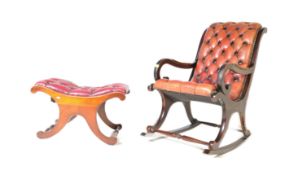 MAHOGANY & LEATHER SLIPPER ROCKING CHAIR & FOOTSTOOL
