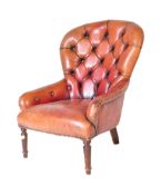 REPRO VICTORIAN BROWN LEATHER BUTTON BACK FIRESIDE ARMCHAIR