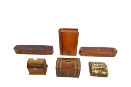 COLLECTION OF WOOD & BONE BOXES - MONEY BANKS - PEN CASES
