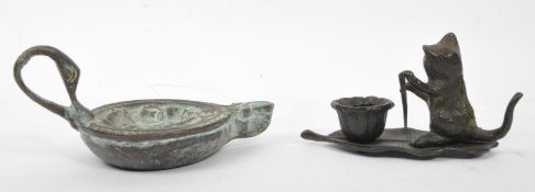 19TH CENTURY BRONZE OIL LAMP T/W LOUIS WAIN CAT FIGURE