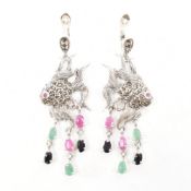 PAIR OF 925 SILVER MARCASITE RUBY EMERALD & SAPPHIRE DROP EARRINGS