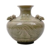 19TH CENTURY CHINESE ANTIQUE CELADON THREE HANDLED VASE