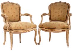 PAIR 19TH CENTURY FRENCH PAINTED WALNUT FAUTEUILS - CHAIRS