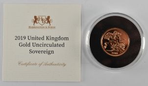 ELIZABETH II 2019 22CT GOLD UNCIRCULATED FULL SOVEREIGN