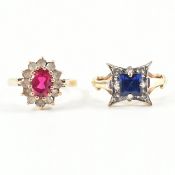 TWO HALLMARKED 9CT GOLD RINGS - SYNTHETIC RUBY & SYNTHETIC SAPPHIRE
