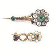TWO ANTIQUE COMET YELLOW METAL & STONE SET BROOCH PINS