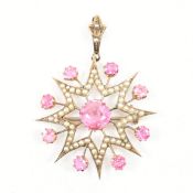 VICTORIAN 9CT GOLD SEED PEARL & PINK STONE PENDANT BROOCH