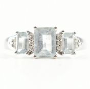 HALLMARKED 9CT WHITE GOLD AQUAMARINE & DIAMOND RING