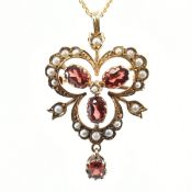 GOLD GARNET & PEARL PENDANT BROOCH ON CHAIN