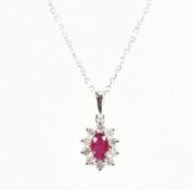HALLMARKED 18CT WHITE GOLD DIAMOND & RED STONE NECKLACE PENDANT & CHAIN