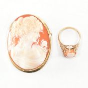 18CT GOLD CAMEO BROOCH PENDANT & 9CT GOLD CAMEO RING