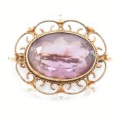 HALLMARKED 9CT GOLD AMETHYST PEARL BROOCH PIN