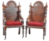 PAIR OF 19TH CENTURY GOTHIC OAK THRONE ARMCHAIRS