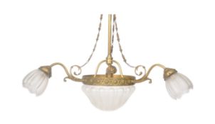 20TH CENTURY BRASS AND FROSTED GLASS HANGING CHANDELIER