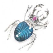 SILVER RUBY MARCASITE & GUILLOCHE ENAMEL BEETLE BROOCH PIN