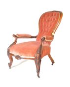VICTORIAN MAHOGANY UPHOSLTERED SPOON BACK LADIES ARMCHAIR