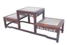 20TH CHINESE HARDWOOD & POLISH STONE THREE TIER DISPLAY STAND