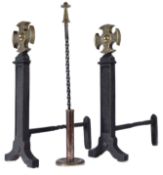 PAIR OF 20TH CENTURY CAST IRON FIRE DOGS & POKER