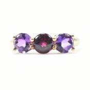 HALLMARKED 9CT GOLD AMETHYST & GARNET THREE STONE RING