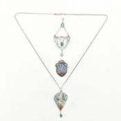 HALLMARKED SILVER & ENAMEL NECKLACE PENDANTS & BROOCH PIN