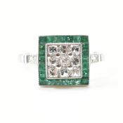 ART DECO STYLE DIAMOND & EMERALD WHITE METAL PANEL RING