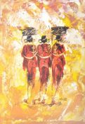 VINTAGE MASAI WOMEN OIL ON CANVAS PAINTING BY MOSES