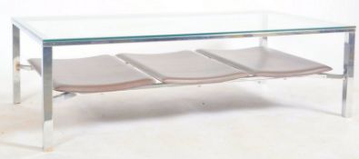 RETRO CHROME, LEATHER AND GLASS TOPPED COFFEE TABLE