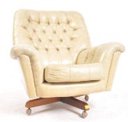 RETRO TEAK & LEATHER BUTTON BACK SWIVEL ARMCHAIR CHAIR