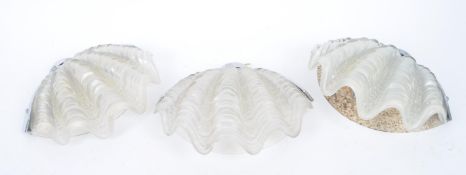 THREE ART DECO 1930S CLEAR GLASS CLAM SHELL WALL LIGHTS SHADES