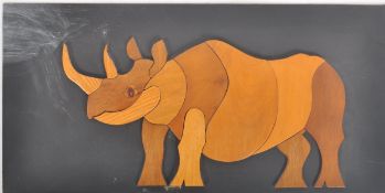 VINTAGE TEAK MOSAIC DECORATIVE RHINO SHAPED WALL PANEL