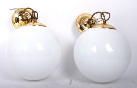 PAIR OF RETRO GILT METAL & MILK GLASS GLOBE CEILING LIGHTS