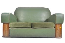ART DECO 1930S MAHOGANY FRAMED & VINYL TWO SEATER SOFA