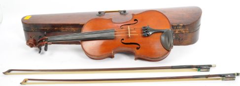 19TH CENTURY VIOLIN WITH TWO BOWS & WOODEN CASE