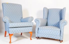 A PAIR OF 20TH CENTURY ARMCHAIRS ONE WINGBACK