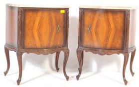 PAIR OF EARLY 20TH CENTURY INLAID WALNUT & MARBLE BEDSIDES