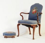 EARLY 20TH CENTURY MAHOGANY LOUNGE ARM CHAIR WITH STOOL