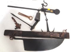 VICTORIAN 19TH CENTURY POT JACK, AGRICULTURAL IRON BLADE ETC