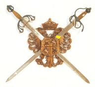 VINTAGE 20TH CENTURY HERALDIC WALL MOUNTED SHIELD & SWORDS