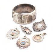 HALLMARKED SILVER BRACELET & FIVE FOB MEDALS