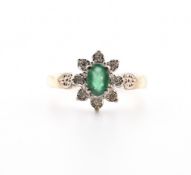 HALLMARKED 9CT GOLD EMERALD & DIAMOND CLUSTER RING