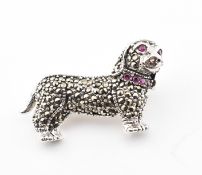 STERLING SILVER RUBY & MARCASITE DACHSHUND DOG BROOCH PIN