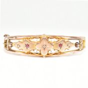 ANTIQUE 9CT GOLD DIAMOND & RED STONE BANGLE BRACELET