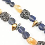 925 SILVER LAPIS LAZULI CITRINE & BAROQUE PEARL BEAD NECKLACE